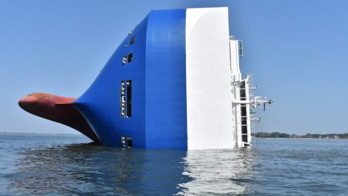 Ро-ро судно опрокинулось и легло на борт на отмели: видео