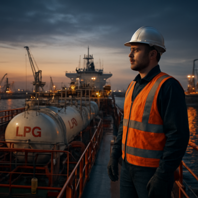 A realistic, cinematic-style image of a maritime professional in a hard hat and safety gear standing on the deck of a modern LPG tanker at dusk. The vessel is mid-sized, with visible gas containment tanks and safety equipment. The background shows a busy port with cranes and other ships, while the sky transitions from deep blue to warm orange. The scene conveys a sense of professionalism, opportunity, and the industrial scale of the LPG shipping industry.