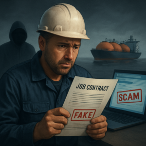 A realistic illustration of a worried seafarer holding a fake job contract, with shadowy figures in the background representing scammers. The scene includes a gas carrier ship in the distance, a laptop displaying a suspicious email, and a red 'SCAM' stamp over a payment request. Moody lighting, professional maritime setting.