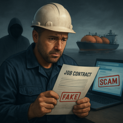 A realistic illustration of a worried seafarer holding a fake job contract, with shadowy figures in the background representing scammers. The scene includes a gas carrier ship in the distance, a laptop displaying a suspicious email, and a red 'SCAM' stamp over a payment request. Moody lighting, professional maritime setting.