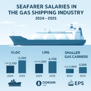 A professional infographic-style image showing a comparison of seafarer salaries in the gas shipping industry for 2024-2025. The visual includes bar charts for VLGC, LNG, and smaller gas carriers, with icons representing top companies like Dorian LPG and EPS. The background features a modern gas tanker at sea, with a clean, corporate design and a color palette of blues and grays.