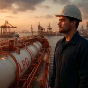 A realistic, cinematic-style image of a maritime professional in a hard hat and uniform standing on the deck of a modern LPG carrier at dusk. The vessel is fully pressurized, with visible gas tanks and pipelines, and the background shows a bustling port with cranes and other ships. The scene conveys a sense of professionalism, opportunity, and the technical complexity of the LPG shipping industry. Warm lighting with a mix of industrial and natural tones, high detail, photorealistic quality.