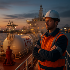 A realistic, cinematic-style image of a maritime professional in a hard hat and safety gear standing on the deck of a modern LPG tanker at dusk. The vessel is mid-sized, with visible gas containment tanks and safety equipment. The background shows a busy port with cranes and other ships, while the sky transitions from deep blue to warm orange. The scene conveys a sense of professionalism, opportunity, and the industrial scale of the LPG shipping industry.