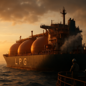 A realistic, cinematic-style image of a large LPG tanker ship at sea during golden hour, with a focus on the vessel's spherical tanks and industrial details. The scene should convey both the scale and technical complexity of gas carrier operations, with a subtle hint of danger—perhaps a faint vapor trail or a crew member in protective gear. The atmosphere should be professional, slightly moody, and highly detailed, evoking the challenges and rewards of working in the LPG sector.