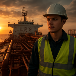 A junior officer in a hard hat and safety gear standing on the deck of a large LPG tanker at sunset, with the ship's manifold and pipelines visible in the background. The scene is realistic, slightly moody, with warm lighting and a sense of determination on the officer's face. Ultra-detailed, cinematic composition, 4K resolution.