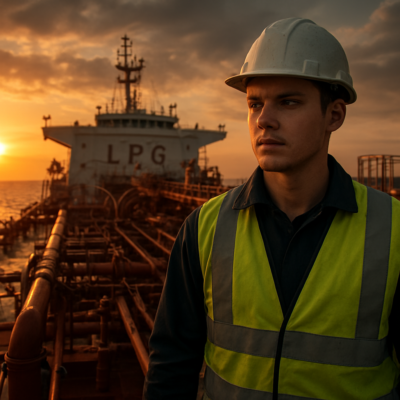 A junior officer in a hard hat and safety gear standing on the deck of a large LPG tanker at sunset, with the ship's manifold and pipelines visible in the background. The scene is realistic, slightly moody, with warm lighting and a sense of determination on the officer's face. Ultra-detailed, cinematic composition, 4K resolution.