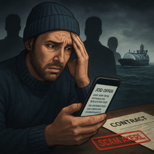 A realistic illustration of a worried seafarer holding a phone with a suspicious job offer message, while shadowy figures in the background represent scammers. The scene includes a gas carrier ship in the distance, a fake contract on a table, and a red 'scam alert' stamp. Dark, tense atmosphere with a focus on caution and deception.
