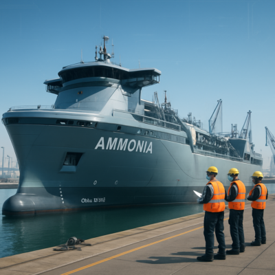 A futuristic, ultra-large ammonia carrier (VLAC) docked at a modern port, with a sleek, industrial design, dual-fuel engines visible, and a crew in high-visibility gear performing safety checks. The background shows a bustling terminal with gas storage tanks and cranes, under a clear sky with a subtle tech overlay to emphasize innovation.