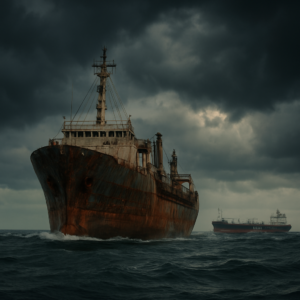 A weathered, rust-streaked cargo ship at sea under a stormy sky, with a faint but visible modern LPG tanker in the distance, symbolizing the contrast between old and new opportunities in maritime careers. Moody lighting, realistic textures, cinematic composition.