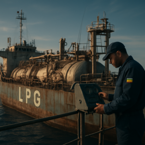 A weathered but sturdy LPG tanker sailing under a clear Mediterranean sky, with a mix of modern and outdated equipment visible on deck. The ship’s hull shows signs of age, while a Ukrainian crew member in uniform checks instruments. Moody lighting, realistic textures, and a sense of hard work at sea.