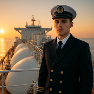 A young maritime cadet in uniform standing on the deck of a modern gas carrier at sunrise, with the ship's bridge and cargo tanks visible in the background. The scene conveys professionalism, opportunity, and the beginning of a career at sea, with a focus on determination and ambition.