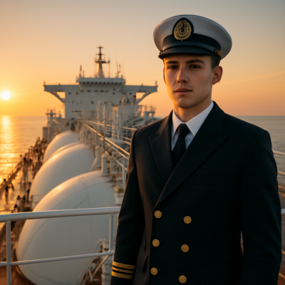 A young maritime cadet in uniform standing on the deck of a modern gas carrier at sunrise, with the ship's bridge and cargo tanks visible in the background. The scene conveys professionalism, opportunity, and the beginning of a career at sea, with a focus on determination and ambition.