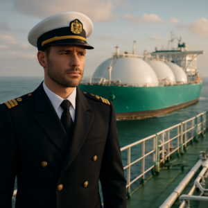 A professional maritime officer in uniform standing on the deck of an LNG tanker, with a modern VLGC vessel visible in the background. The scene should convey a sense of transition, expertise, and the maritime industry's technological advancements. Use a realistic, cinematic style with natural lighting and a focus on detail.