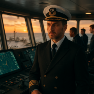 A professional maritime officer in full uniform standing on the bridge of a modern LPG tanker at sunset, with digital navigation screens and a diverse crew working in the background. The scene conveys authority, expertise, and high-stakes leadership in the shipping industry. Realistic, cinematic lighting, 4K resolution.