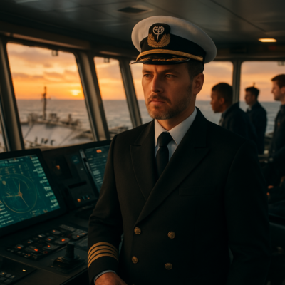 A professional maritime officer in full uniform standing on the bridge of a modern LPG tanker at sunset, with digital navigation screens and a diverse crew working in the background. The scene conveys authority, expertise, and high-stakes leadership in the shipping industry. Realistic, cinematic lighting, 4K resolution.
