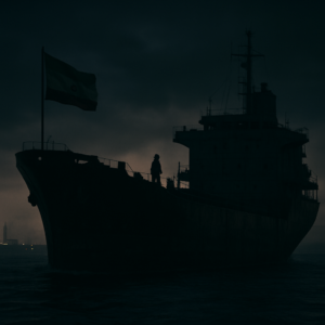A shadowy cargo ship at dusk, flying a flag of convenience, with a faint outline of an Iranian gas terminal in the background. The vessel appears weathered, with subtle signs of falsified markings. The scene is moody, evoking tension and secrecy, with a lone seafarer standing on deck, looking uncertain. Cinematic lighting, photorealistic, 4K.
