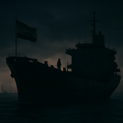 A shadowy cargo ship at dusk, flying a flag of convenience, with a faint outline of an Iranian gas terminal in the background. The vessel appears weathered, with subtle signs of falsified markings. The scene is moody, evoking tension and secrecy, with a lone seafarer standing on deck, looking uncertain. Cinematic lighting, photorealistic, 4K.