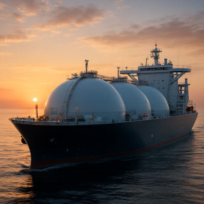 A modern liquefied natural gas (LNG) carrier sailing on a calm ocean at sunset, with its spherical or prismatic cargo tanks visible above deck. The ship should appear sleek and high-tech, with a focus on its unique structural design. Include subtle details like safety equipment and crew members for a realistic touch. Wide-angle shot, cinematic lighting, ultra-detailed, 4K resolution.