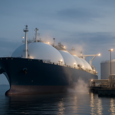 A high-resolution, photorealistic image of a modern LNG tanker ship docked at a terminal, with visible cryogenic storage tanks and pipelines. The scene should depict a clean, industrial port at dusk, with soft lighting highlighting the vessel’s sleek design and the surrounding infrastructure. Include subtle vapor effects to emphasize the ultra-low-temperature nature of LNG.