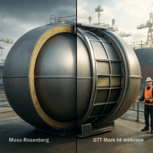 A high-resolution, photorealistic split-view illustration of an LNG tanker. On the left, a cross-section of a spherical Moss Rosenberg tank with thick insulation layers. On the right, a detailed cutaway of a GTT Mark III membrane system, showing ultra-thin stainless steel layers and insulation panels. The background features a modern shipyard with engineers in safety gear inspecting the tanks. Cinematic lighting, industrial aesthetic, 4K detail.