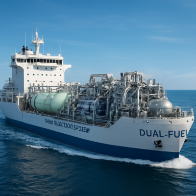 A modern cargo ship at sea with visible dual-fuel engine components, such as gas injection systems and fuel tanks, under a clear blue sky. The image should convey innovation, sustainability, and the technical complexity of dual-fuel propulsion, with a focus on engineering precision and futuristic maritime technology.