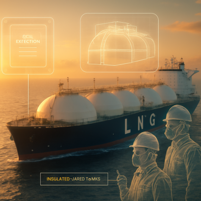 A modern LNG carrier at sea during golden hour, with a transparent overlay showing safety systems like gas detection sensors, insulated cargo tanks, and crew in protective gear. The image should convey both the industrial scale of LNG shipping and the advanced safety measures in place, with a focus on professionalism and cutting-edge technology.