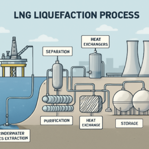 A detailed infographic-style illustration showing the entire LNG liquefaction process, from underwater gas extraction to cooling towers and storage tanks. Include stages like separation, purification, heat exchangers, and cryogenic tanks, with a modern industrial aesthetic, realistic colors, and labeled components for clarity.