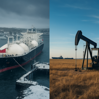 A split-image composition: On the left, a snowy New England coastline with a modern LNG tanker flying a foreign flag docked at a port, unloading gas. On the right, a vast American shale gas field under a clear blue sky, with idle U.S.-flagged tankers in the background. The contrast should emphasize the irony of energy dependence despite domestic abundance. Moody lighting, realistic details, 4K resolution.
