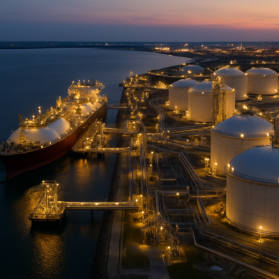 Aerial view of a massive LNG export terminal in the U.S. Gulf Coast at dusk, with tankers docked and loading facilities illuminated. The scene captures industrial scale, modern infrastructure, and the global energy trade in action, with a focus on realism and detail.