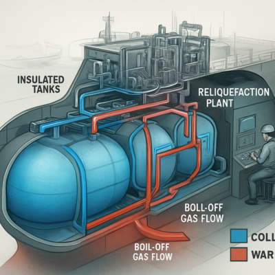 A detailed cutaway illustration of a modern LNG carrier's cargo containment system, showing insulated tanks, reliquefaction plant piping, and boil-off gas flow pathways. Highlight temperature gradients with color coding (blue for cold, red for warm), and include crew members monitoring control panels. Realistic, technical, and slightly futuristic style.