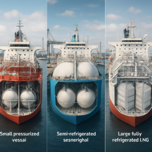 A side-by-side comparison of three gas carrier ships: a small pressurized vessel with cylindrical tanks, a semi-refrigerated ship with insulated spherical tanks, and a large fully refrigerated LNG carrier with prismatic containment systems. Industrial dock setting, detailed technical cross-sections visible, photorealistic style.