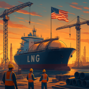 A futuristic digital illustration of a modern LNG tanker under construction in a U.S. shipyard, with American flags waving, workers in safety gear, and cranes in the background. The scene blends industrial realism with a sense of national pride, set against a coastal sunset with subtle hints of energy infrastructure like pipelines and export terminals.