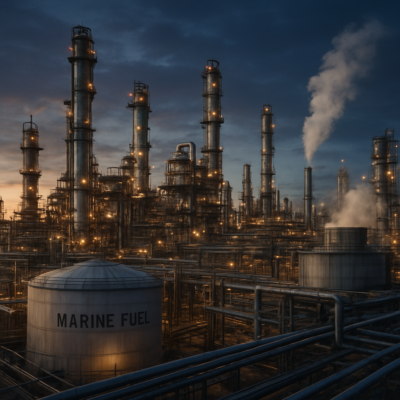 A detailed, photorealistic illustration of a modern oil refinery at dusk, showcasing distillation towers, cracking units, and blending tanks. The scene should highlight the industrial scale of the process, with pipelines connecting various sections, steam rising from cooling units, and a large storage tank labeled 'Marine Fuel' in the foreground. The color palette should include deep blues, warm oranges, and metallic grays to emphasize the technological and industrial atmosphere.