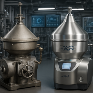A side-by-side comparison of a traditional gravity disc separator (left) with visible manual components and an Alfa Laval ALCAP separator (right) featuring sleek, automated design. The background shows a modern engine room with digital monitoring screens, emphasizing efficiency and advanced technology. Industrial, high-detail, photorealistic style with a focus on engineering precision.