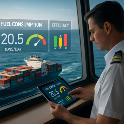 A modern cargo ship at sea with a digital overlay showing real-time fuel consumption metrics, green/yellow/red efficiency indicators, and a crew member analyzing data on a tablet on the bridge. The scene contrasts traditional paper logs with futuristic digital dashboards, emphasizing speed and precision in decision-making.