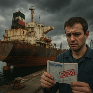 A rusty oil tanker flying a flag of convenience, docked at an Iranian port under a stormy sky, with a crew member looking concerned while holding a passport with a denied US visa stamp. The scene is gritty, with visible signs of poor maintenance on the vessel, and a distant cargo crane loading oil in the background.