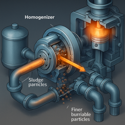 A detailed 3D cutaway illustration of a marine fuel system showing a homogenizer installed before the final filters. The image highlights sludge particles being broken down into finer, burnable particles flowing through the system, with a focus on the engine combustion chamber in the background. Industrial, technical, and realistic style with a color palette of metallic blues, grays, and warm orange accents for energy flow.