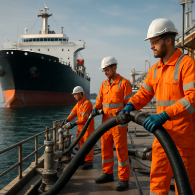 A professional maritime scene showing a large cargo ship being refueled at a port, with crew members in safety gear handling fuel hoses and sampling equipment. The image should convey precision, safety, and technical expertise, with a focus on modern bunkering operations under IMO 2020 regulations. Realistic, high-detail, cinematic lighting.