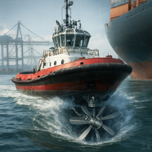 A high-detail, photorealistic illustration of a modern tugboat equipped with a Voith Schneider Propeller (VSP) system, showcasing the vertical rotating blades beneath the hull. The tug is actively maneuvering a large cargo ship in a busy port, with water visibly deflecting in multiple directions from the VSP. The scene is dynamic, with realistic lighting, reflections on the water, and a focus on the mechanical intricacies of the VSP. Style: Industrial realism with a touch of technical blueprint elements subtly integrated.