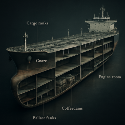 A high-resolution, photorealistic cutaway illustration of a modern double-hulled oil tanker, showing internal compartments like cargo tanks, ballast tanks, cofferdams, and the engine room. The image should highlight structural details with labeled sections, a mix of industrial steel textures, and a cross-section view revealing the ship’s layered design. Moody lighting with a focus on engineering precision, evoking both scale and technical sophistication.