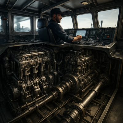 A high-detail, photorealistic cutaway illustration of a modern tugboat’s engine room and wheelhouse. Show the twin diesel engines with visible pistons and crankshafts, fluid couplings, and propeller shafts leading to the stern. Include a captain at the controls in the wheelhouse, with levers, throttles, and digital displays. Emphasize industrial textures, mechanical precision, and a sense of controlled power. Cinematic lighting with a focus on metallic surfaces and hydraulic lines.