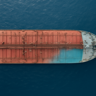 A supertanker at sea during cargo operations, viewed from above. The deck is divided into multiple cargo tanks with visible manifolds and pipelines. Ballast tanks are partially filled with water, shown in a semi-transparent blue overlay. The ship is stable, with no visible list, and the surrounding ocean is calm but slightly textured. Industrial yet sleek, with a focus on engineering precision and maritime technology.