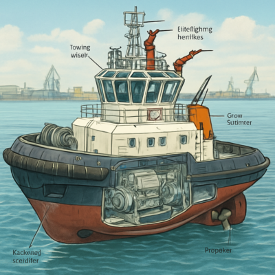 A detailed cutaway illustration of a modern tugboat, showcasing its reinforced steel hull, skeg, fender system, engine room, and fire-fighting monitors. The image should highlight structural components in a technical yet visually engaging style, with labels for key elements like the towing winch, propulsion system, and crew quarters. Realistic maritime setting with calm water and industrial port background.