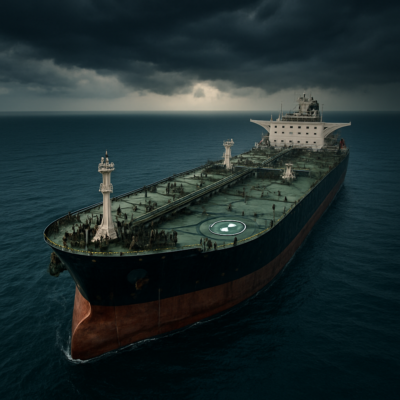 A dramatic aerial view of a massive supertanker at sea, with visible mast risers, enclosed lifeboats, and a helicopter pad. The ship is surrounded by calm blue waters under a stormy sky, emphasizing both its scale and the potential dangers of offshore oil transport. High detail, cinematic lighting, ultra-realistic.