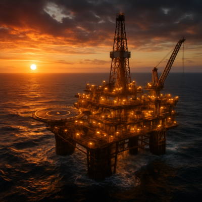 A dramatic, ultra-high-definition aerial view of a massive offshore oil platform at sunset, surrounded by the vast ocean. The platform is illuminated with industrial lights, showcasing its intricate steel structure, helipad, and drilling derrick. Waves crash against its base, emphasizing its scale and isolation. Cinematic lighting, photorealistic details, and a sense of industrial grandeur.