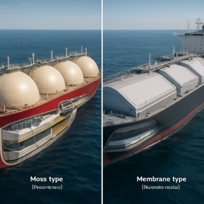 A high-resolution, photorealistic side-by-side comparison of an LNG carrier with spherical Moss tanks and a membrane-type LNG carrier. The Moss tanker should show its distinctive spherical domes rising above the deck, while the membrane tanker appears sleeker with a flatter deck. Both ships are at sea, with a focus on their structural differences, insulation layers, and safety features. Include detailed cutaway views of the tank interiors, highlighting materials like aluminum, stainless steel, and insulation. The scene is well-lit, with a professional, technical aesthetic.