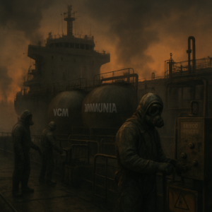 A grimy, industrial cargo ship at dusk, with visible chemical tanks labeled 'VCM,' 'Butadiene,' and 'Ammonia.' Crew members in full protective gear—gas masks, gloves, and suits—work near nitrogen purging systems. The scene is moody, with a hazy, toxic atmosphere and warning signs in the background.