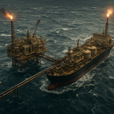 A detailed, photorealistic aerial view of an offshore oil platform connected to a massive FPSO vessel via pipelines, with turbulent waves in the background. The FPSO should appear industrial, with visible storage tanks, flare stacks, and cranes. The scene should convey scale, engineering precision, and the harsh marine environment. Cinematic lighting, ultra-HD, 8K resolution.