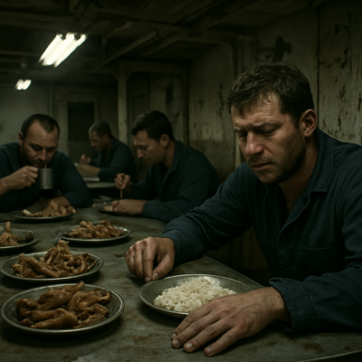 A dimly lit ship's mess hall with a long table covered in unappetizing food—chicken feet, pig trotters, and bland rice. A tired, frustrated seafarer pushes away a plate while others eat reluctantly. The atmosphere is grim, with peeling paint on the walls and flickering fluorescent lights. Realistic, cinematic, muted colors, documentary photography style.