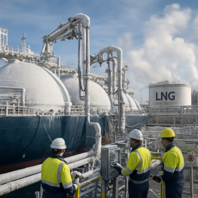 A detailed, photorealistic illustration of an LNG carrier docked at a terminal, showing cryogenic loading arms connected to the ship’s tanks. The scene highlights engineers in protective gear monitoring control panels, with visible frost forming on pipelines and tanks. The background features a modern LNG facility with storage tanks, vapor clouds, and safety signage, emphasizing the industrial scale and technical complexity of the process.